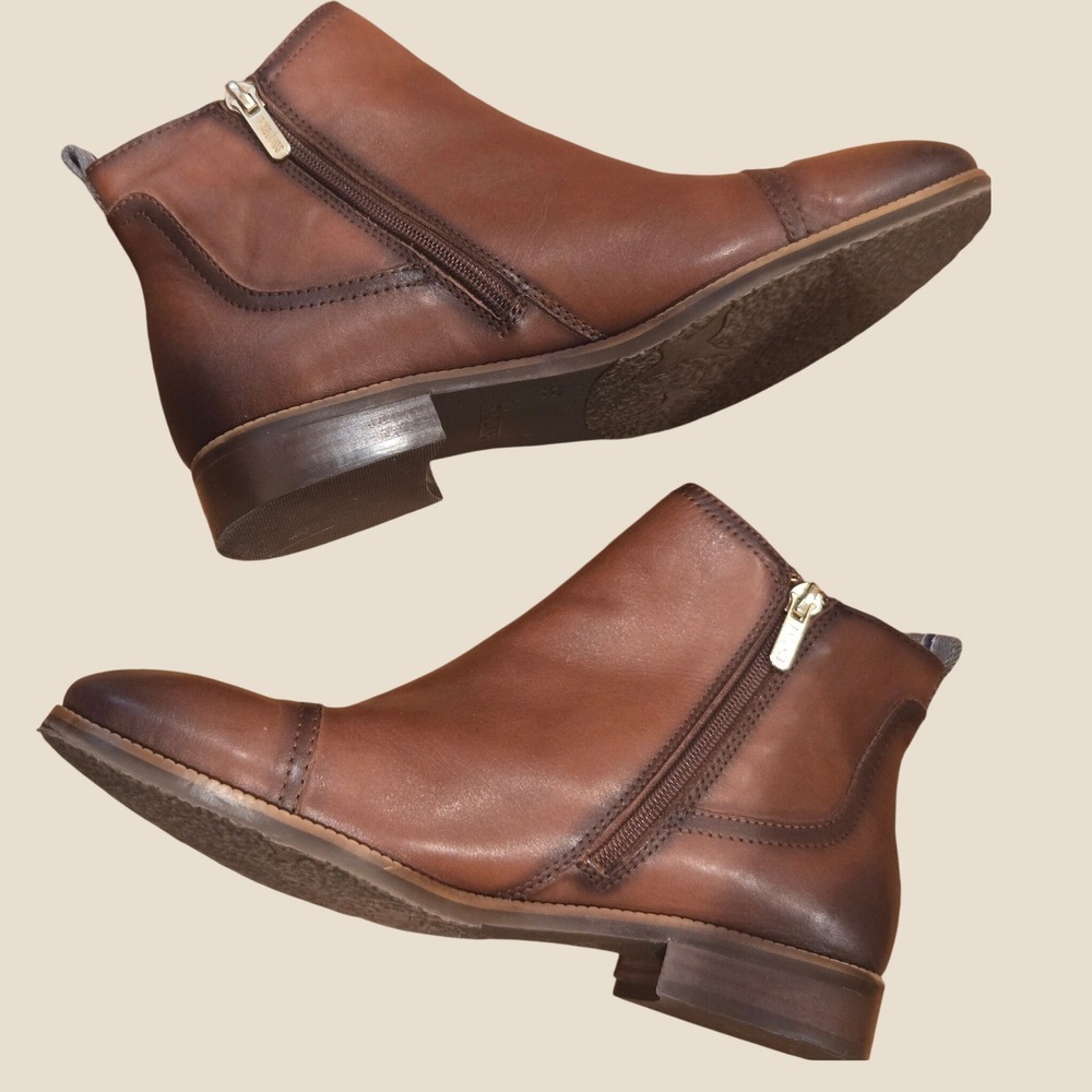 Pikolinos Brown Leather Cap Toe Ankle Boots Side Zip Booties Women 38